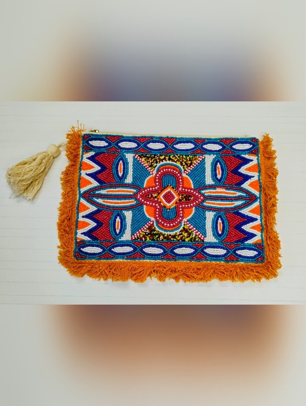 NEW Beaded Orange Fringe Clutch w/Tassel